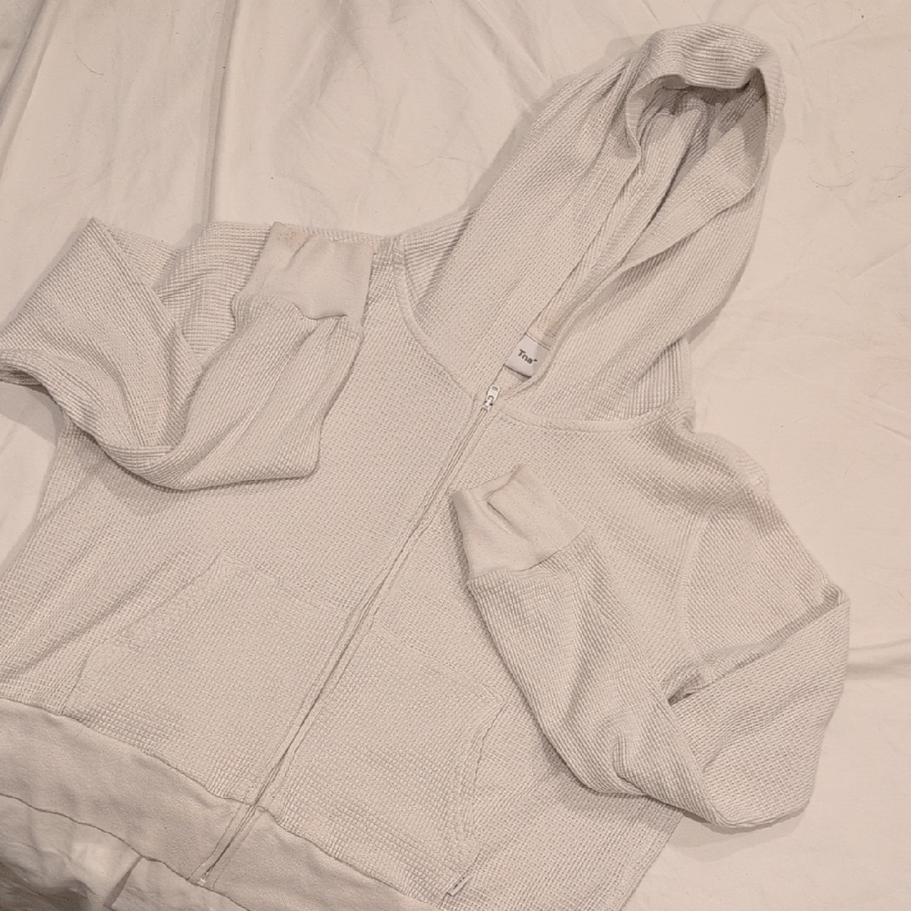 TNA Artizia Waffle Knit Textured Cream Zip Up Cropped Jacket